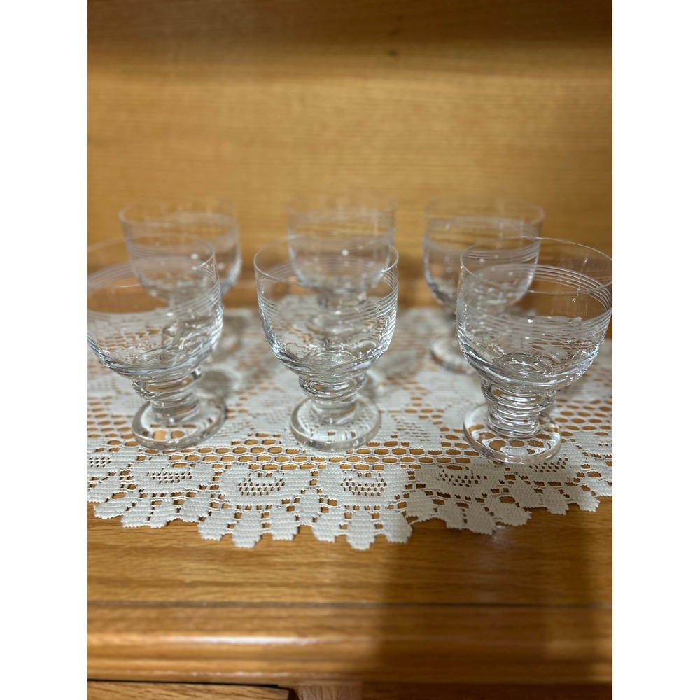 Vintage Etched Ring Juice Cordial Glasses Set 6 Clear Footed Mid Century Style